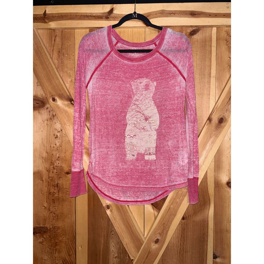 American Eagle Size S Pink Waffle Knit Fair Isle Polar Bear Long Sleeve Tee Cozy